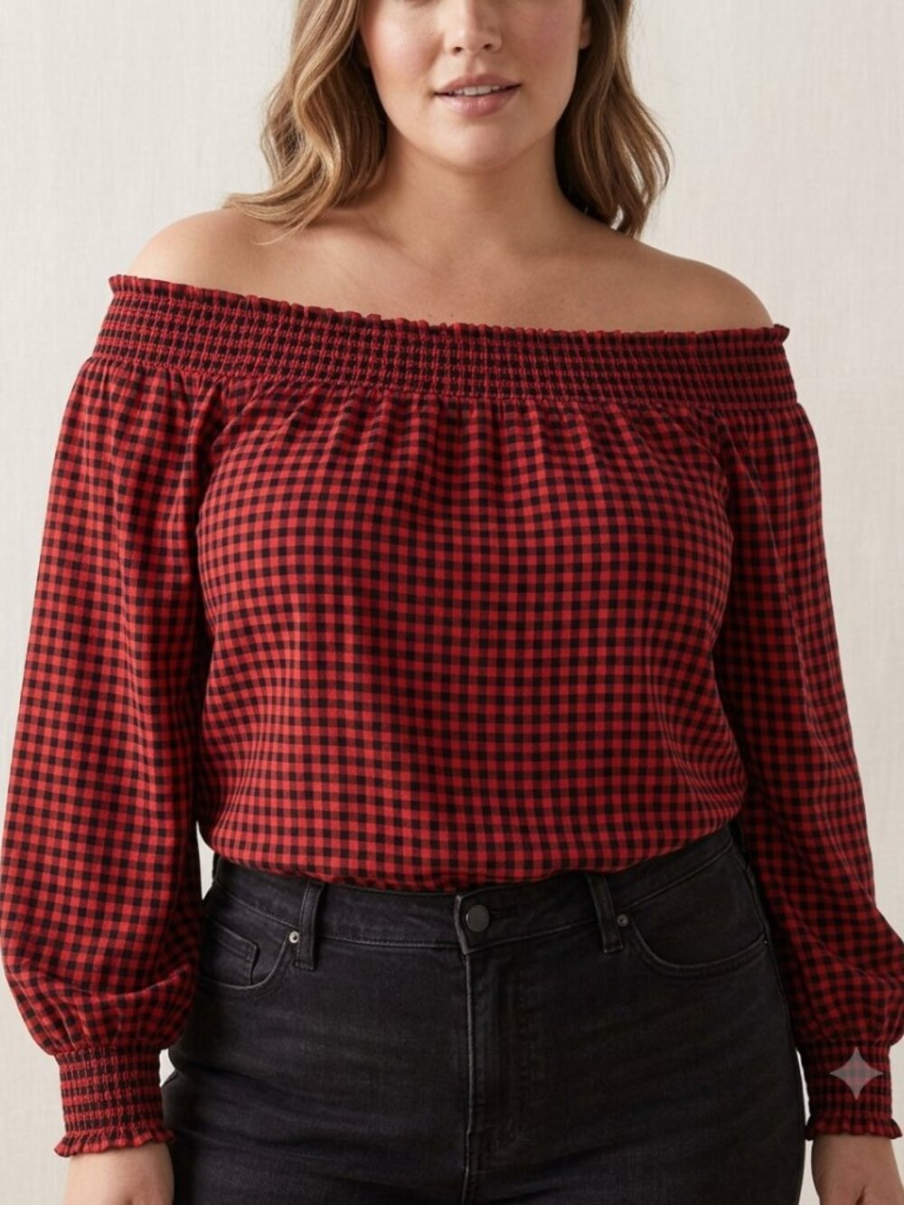 Maurices Red & Black Buffalo Plaid Off-the-Shoulder Blouse Women's XXL Peasant T